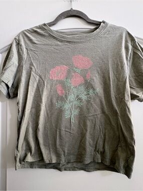 American Eagle Outfitters Olive Green Tee with Pink Floral Print